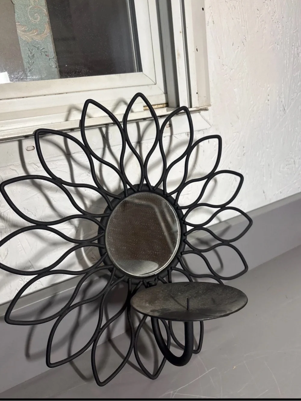 Black Sunflower Wire Wall Mirror with Candle Holder